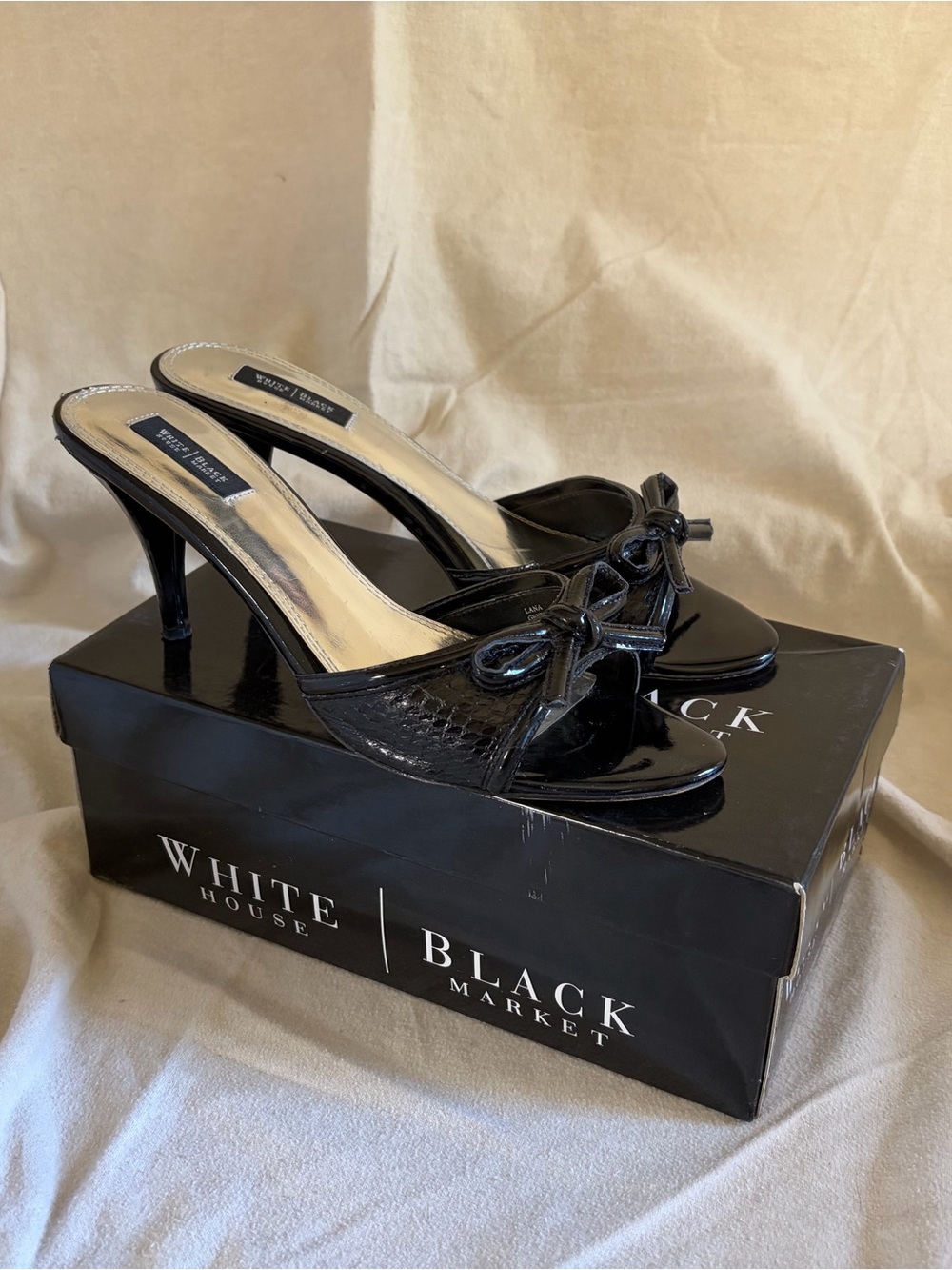 White House Black Market Black Patent Bow Mules with Mid Heel